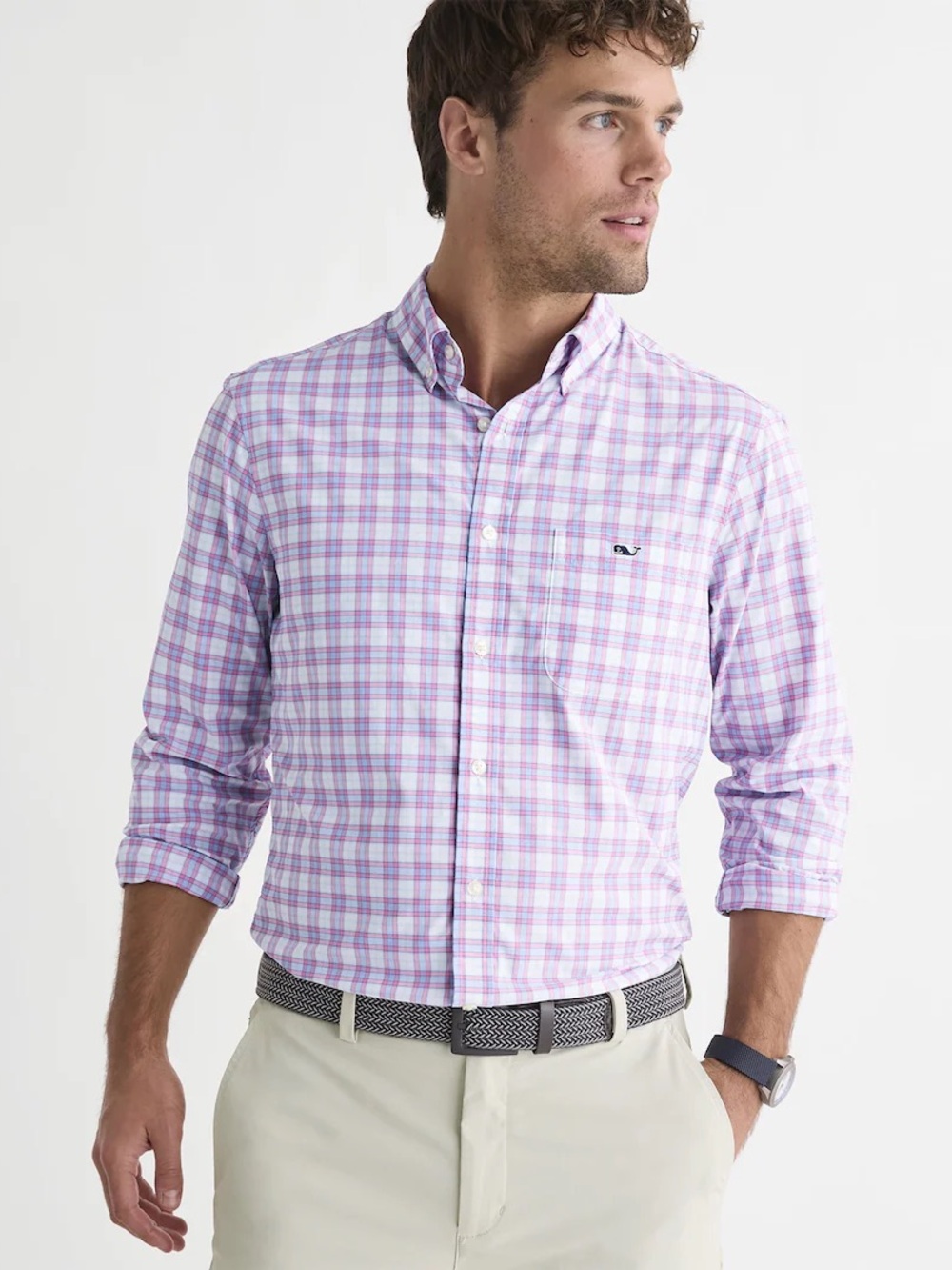 Vineyard Vines Men’s Lavender and White Plaid Button-Down Shirt